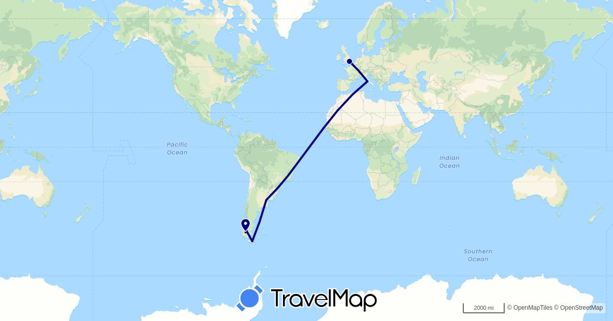 TravelMap itinerary: driving in Argentina, Chile, United Kingdom, Italy (Europe, South America)