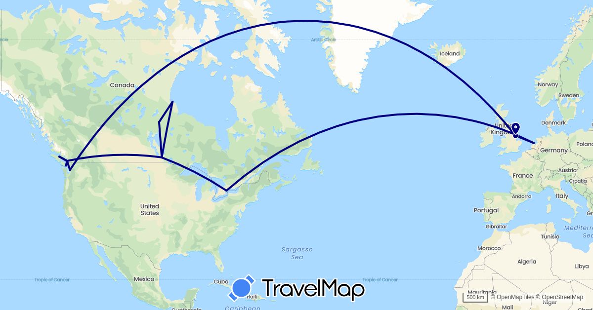 TravelMap itinerary: driving in Canada, United Kingdom, Netherlands, United States (Europe, North America)